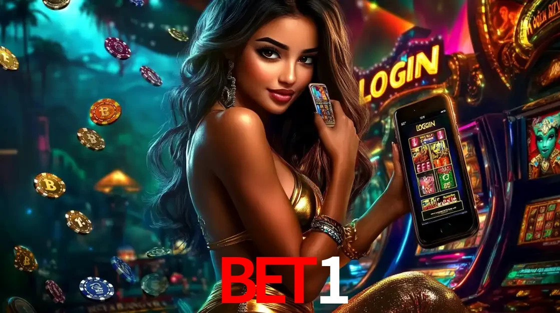 Mulher em um cenário de cassino temático de aventura, mostrando o app de caça-níqueis da BET1 no celular. Fichas de apostas flutuam ao redor.