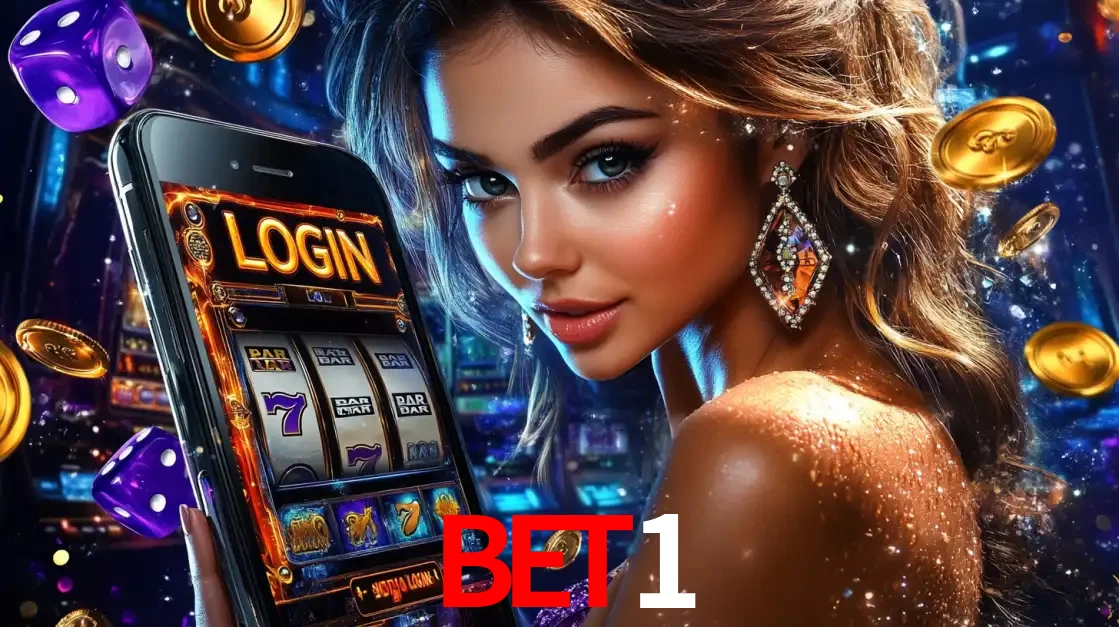 Mulher glamorosa segurando um smartphone com a tela de login para os jogos de caça-níqueis do cassino online BET1, com moedas de ouro e dados ao redor.