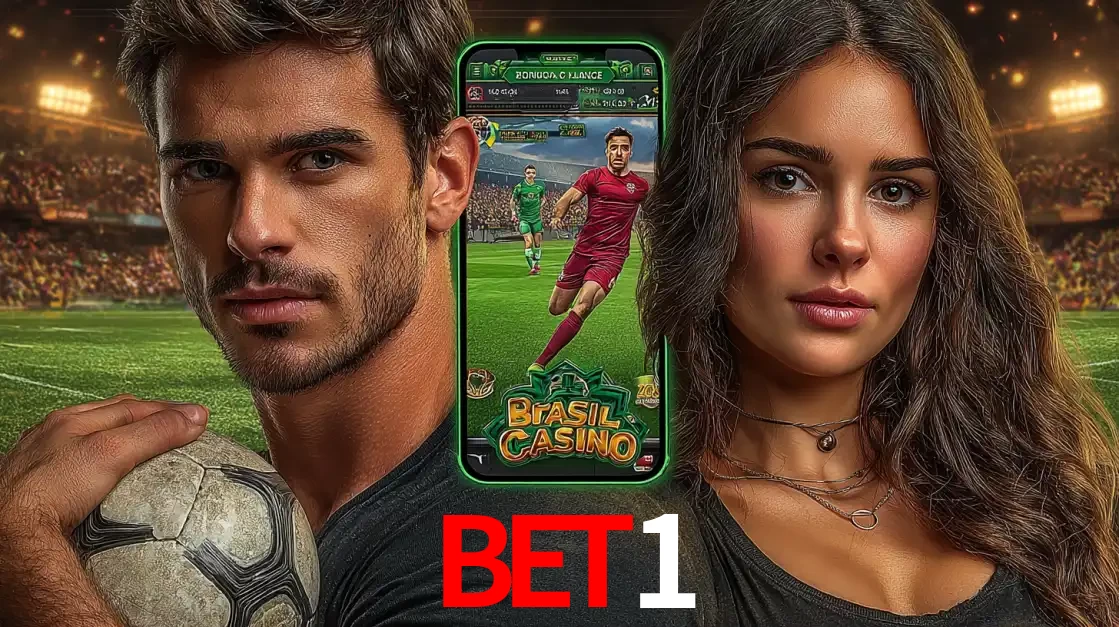 Homem segurando uma bola de futebol e uma mulher ao lado de um smartphone exibindo o jogo de apostas esportivas da BET1. Faça seu palpite no cassino online.